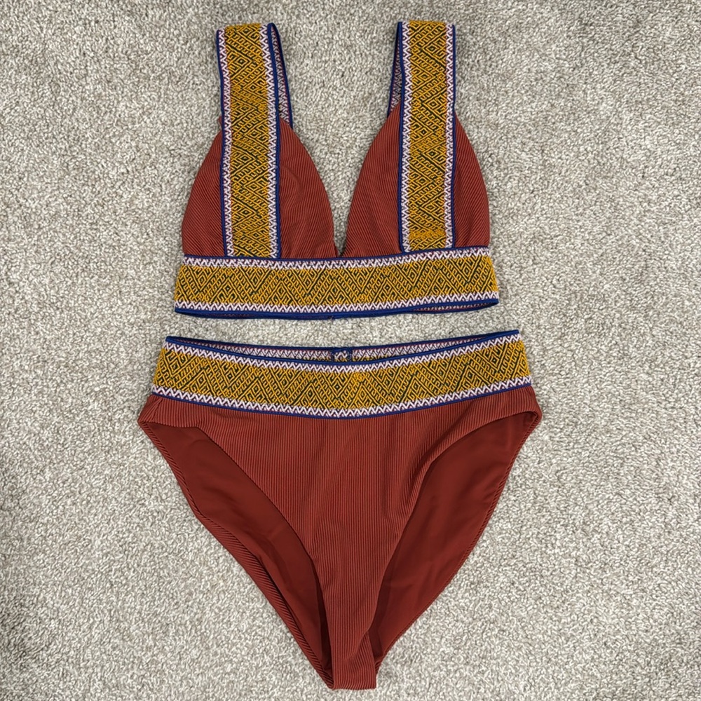 Elysian Ribbed Rust Brown Bikini Small Medium High Waisted Triangle Swimwear